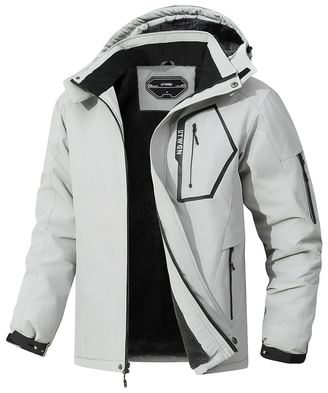 UTWGN Men's Ski Jacket Winter Warm Snow Coat Waterproof Windbreaker Hooded Work Outerwear Snowboarding Jackets, Light Gray, Large