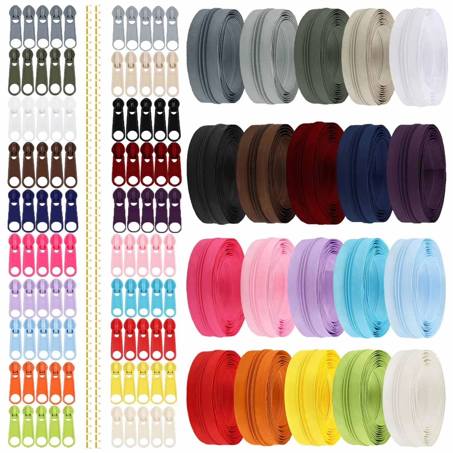 Duscdesp 60M 20 Colors Zipper, DIY Open Ended Invisible Zip with 100 Sliders, Zipper Repair Kit for Sewing, Crafting and Bag