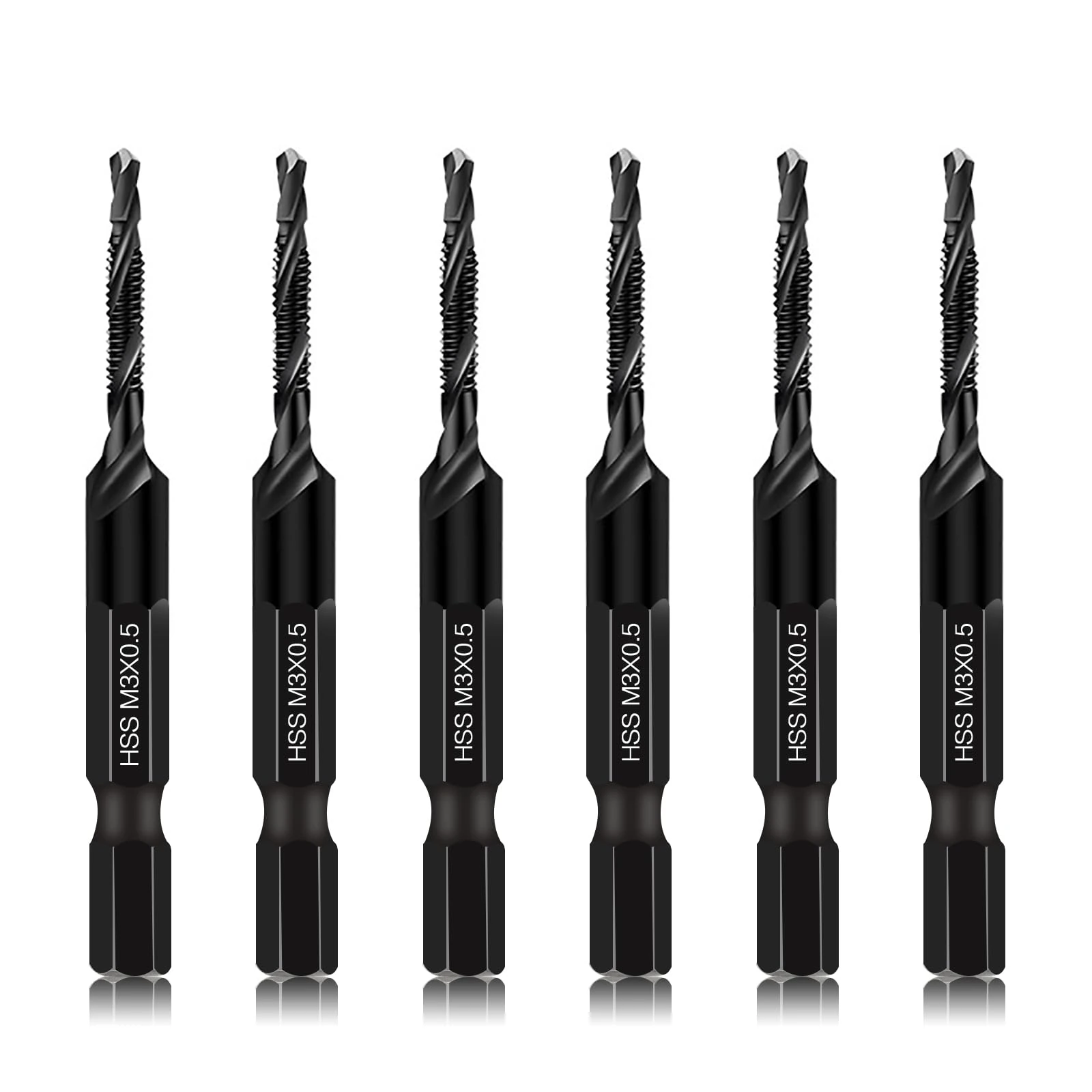 6 Packs M3 Combination Drill & Taps Bit Set, Screw Tapping Threading Tools in Size M3*0.5 with Anti-rust Black Coating, 6mm Hex Shank and Storage Case