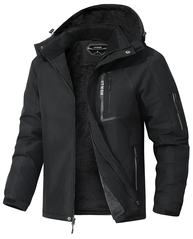 UTWGN Men's Ski Jacket Winter Warm Snow Coat Waterproof Windbreaker Hooded Work Outerwear Snowboarding Jackets, Black, Large