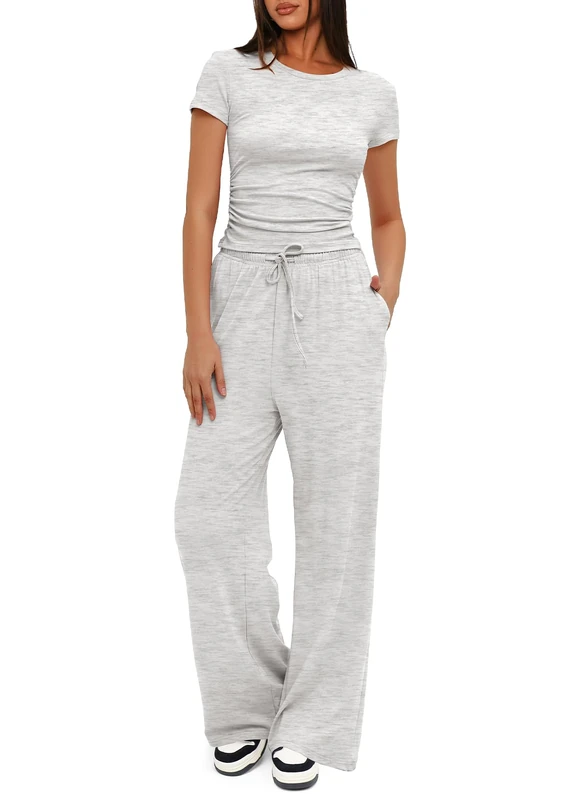 Darong Women's 2 Piece Outfits Lounge Sets Ruched Short Sleeve Tops and High Waisted Wide Leg Pants Tracksuit Sets, Light Grey（31" Inseam）, M