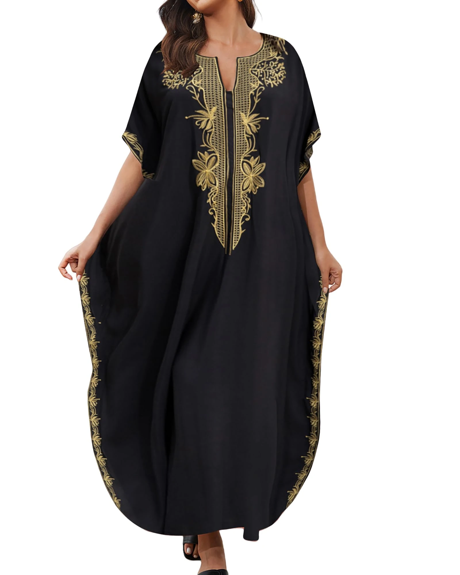 Bsubseach Kaftan Dresses for Women Gold Embroidery Long Beach Cover Ups Caftan Loungewear Vacation Outfits Black