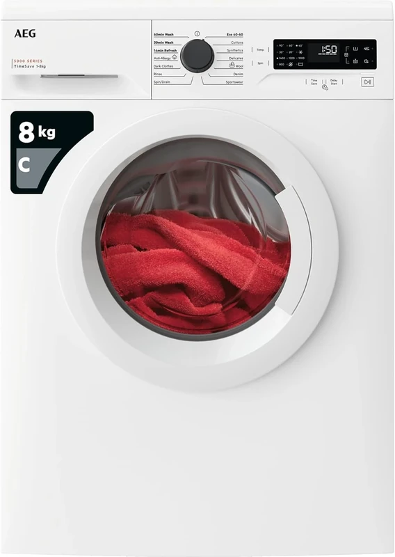 AEG 5000 Series Washing Machine 8kg LFX50844B, TimeSave and AutoSense to Adjust Washing Cycles, AntiAllergy Program, Quick Wash, 8kg Load, 1400rpm, 76 dB, Class C, White