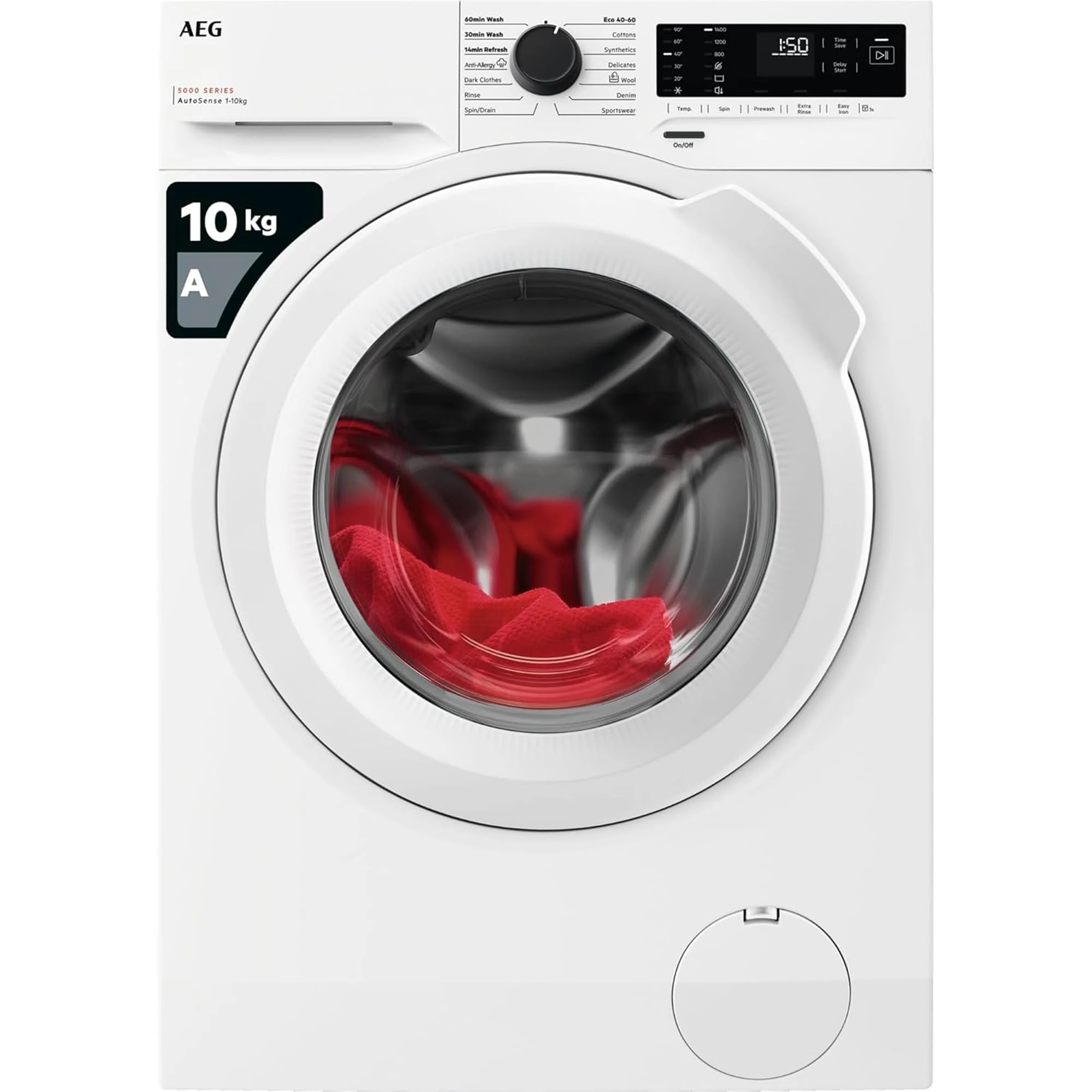 AEG 5000 Series Washing Machine 10kg LFX50142B, AutoSense Optimise Water & Energy Usage By Measuring Load Size, 10kg Load, 1400 rpm, AntiAllergy Program, Quick Wash, TimeSave, Class A
