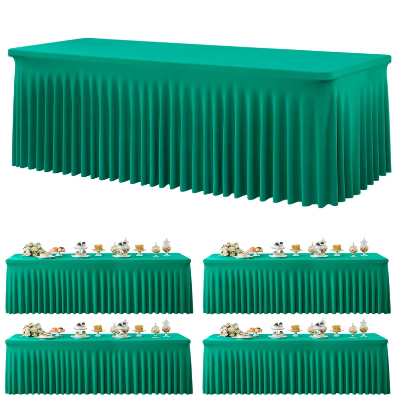 4 Pack Emerald Green Spandex Table Clothes for 8 Foot Rectangle Tables, Wrinkle Free Fitted Table Cover 8ft Green Stretchy Tablecloths with Skirt for Parties Weddings Birthday Banquet Baby Shower