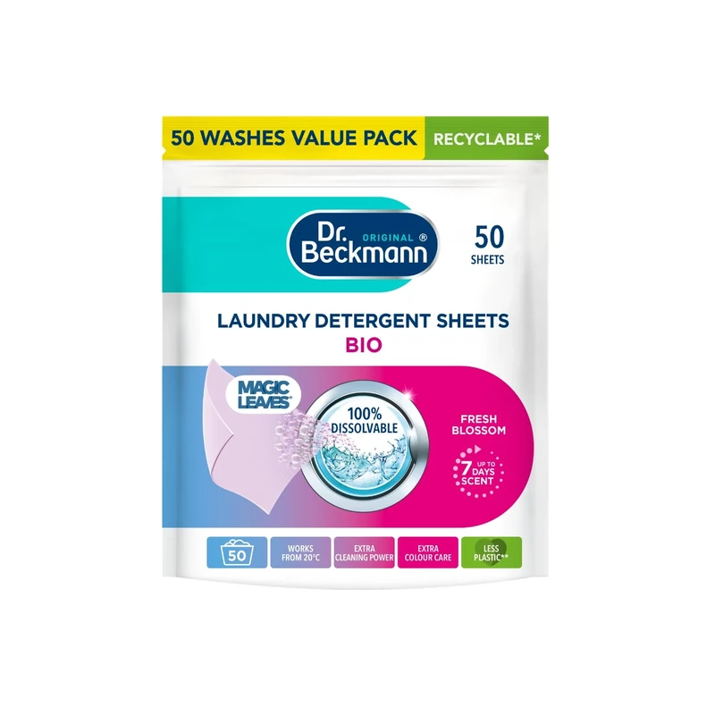 Dr. Beckmann Laundry Detergent Sheets BIO | Fresh Blossom | MAGIC LEAVES | Pre-dosed | 50 sheets