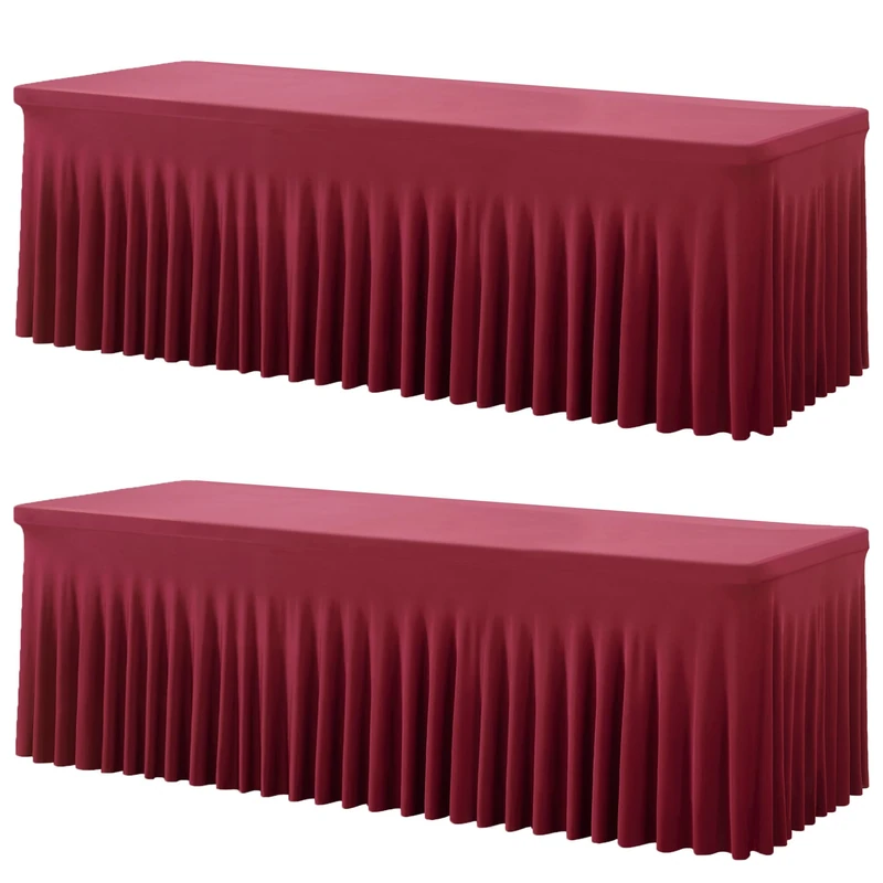 2 Pack Burgundy Spandex Table Clothes for 8 Foot Rectangle Tables, Wrinkle Free Fitted Table Cover 8ft Maroon Stretch Tablecloths with Skirt for Parties Weddings Birthday Banquet Baby Shower