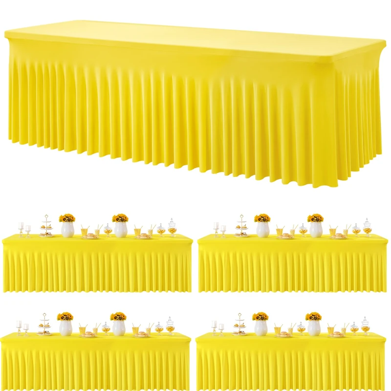 Htper 4 Pack Yellow Spandex Tablecloths for 8 Foot Rectangle Tables, Wrinkle Free Lemon Fitted Tablecover 8ft Stretchy Table Clothes with Skirt for Weddings Birthday Party Banquet Baby Shower