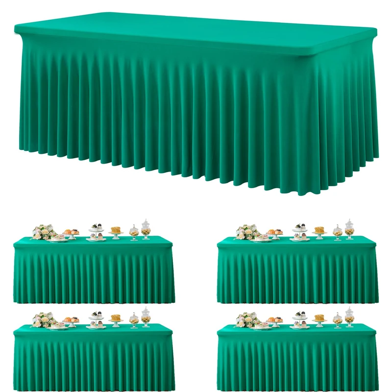 Htper 4 Pack Emerald Green Spandex Tablecloths for 6 Foot Rectangle Tables, Wrinkle Free Fitted Tablecover 6ft Green Stretchy Table Clothes with Skirt for Weddings Birthday Party Banquet Baby Shower