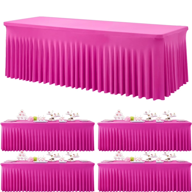 4 Pack Hot Pink Spandex Table Clothes for 8 Foot Rectangle Tables, Wrinkle Free Fitted Table Cover 8ft Fuchsia Stretch Tablecloths with Skirt for Parties Weddings Birthday Banquet Baby Shower