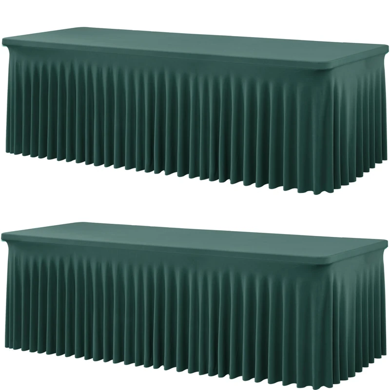 2 Pack Hunter Green Spandex Table Clothes for 8 Foot Rectangle Tables, Wrinkle Free Fitted Table Cover 8ft Green Stretchy Tablecloths with Skirt for Parties Weddings Birthday Banquet Baby Shower