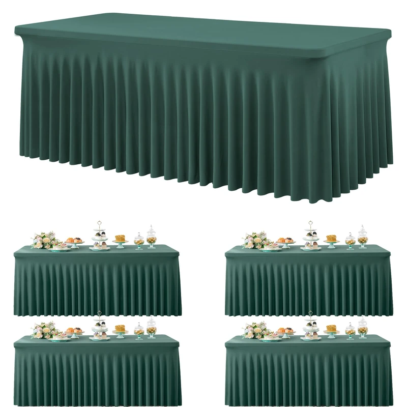 4 Pack Hunter Green Spandex Tablecloths for 8 Foot Rectangle Tables, Wrinkle Free Fitted Tablecover 8ft Stretchy Table Clothes with Skirt for Weddings Birthday Party Banquet Baby Shower