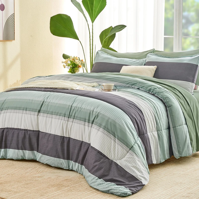 Andency King Size Comforter Set Sage Green - 7 Pieces Green Striped Bed in a Bag, Soft Lightweight All Season Colorblock Bedding Set with Comforter, Fitted & Flat Sheet, Pillowcases & Shams