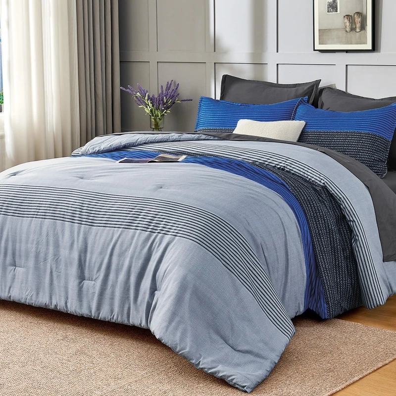 Andency Full Size Comforter Set 7 Pieces - Blue Grey Striped Lightweight Bed in a Bag, Soft Farmhouse All Season Bedding Set with Comforter, Fitted & Flat Sheet, Pillowcases & Shams