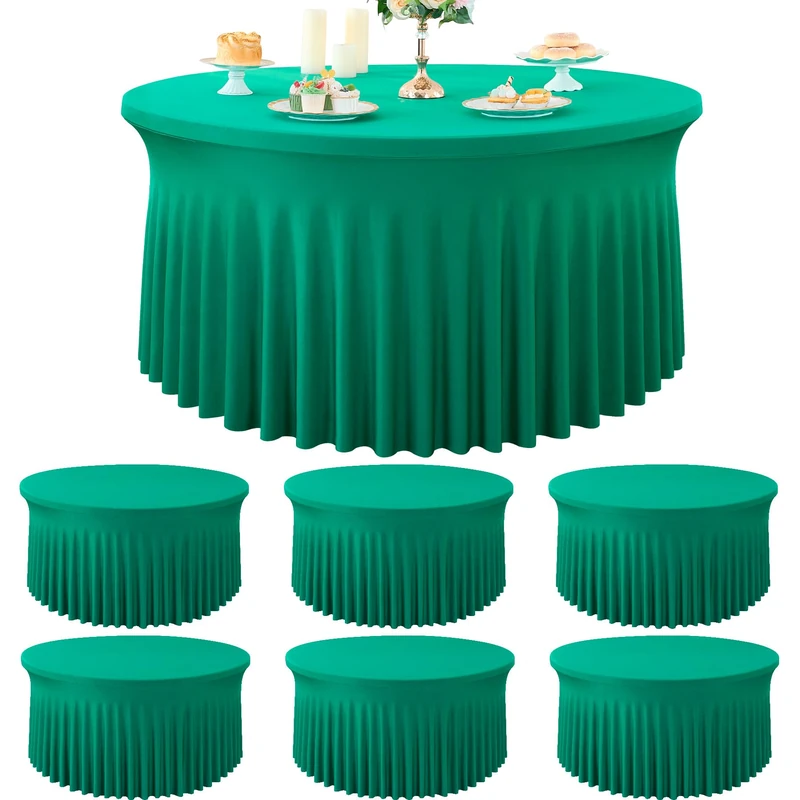 Htper 6 Pack Emerald Green Spandex Round Tablecloths Stretchy 120in Fitted 5FT Table Cloths Wrinkle Free Table Cover with Skirt for Wedding Party Dining Banquet