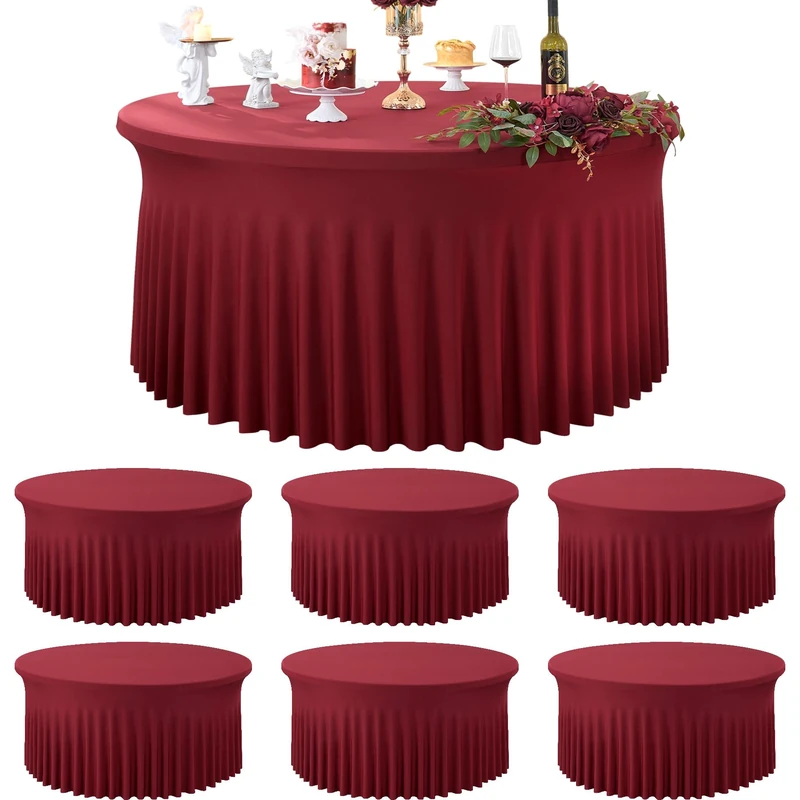 Htper 6 Pack Burgundy Spandex Round Tablecloths for 60 inch Table, Stretchy 120inch Fitted 5FT Round Table Cloths, Wrinkle Free Maroon Table Cover with Skirt for Wedding Party Dining Banquet