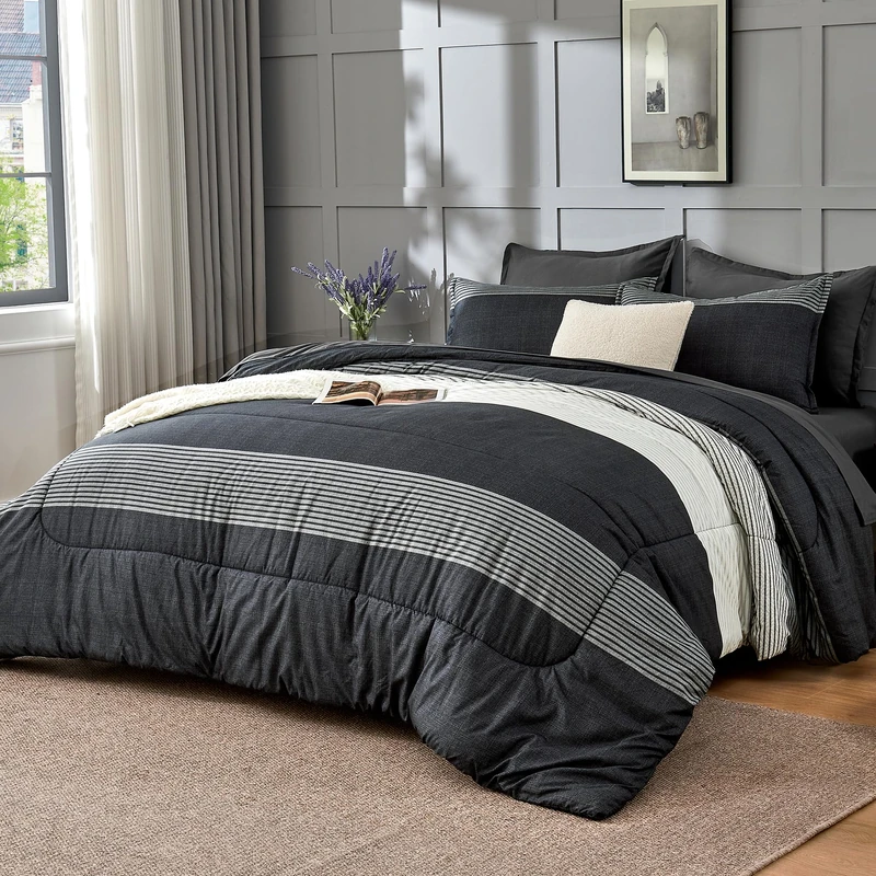 Andency Queen Size Comforter Set 7 Pieces - Black White Patchwork Lightweight Bed in a Bag, Soft Microfiber Striped All Season Bedding Set with Comforter, Fitted & Flat Sheet, Pillowcases & Shams