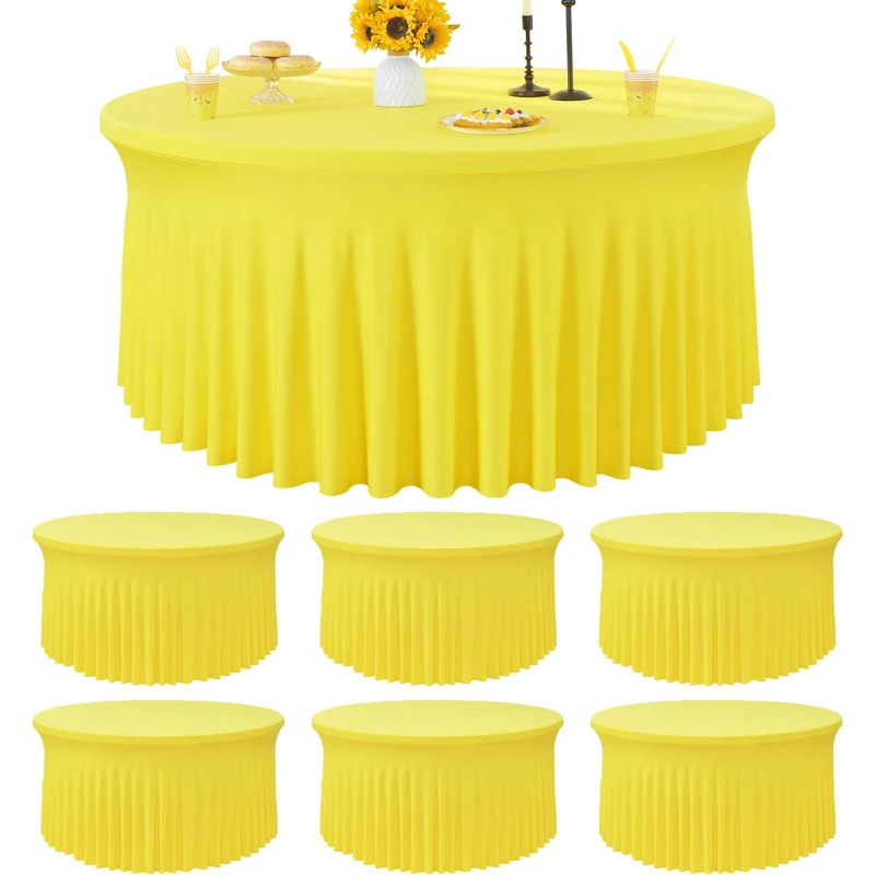 Htper 6 Pack Yellow Spandex Round Tablecloths for 72 inch Table, Wrinkle Free Stretchy 132inch Fitted 6FT Round Table Cover with Skirt for Wedding Party Dining Banquet