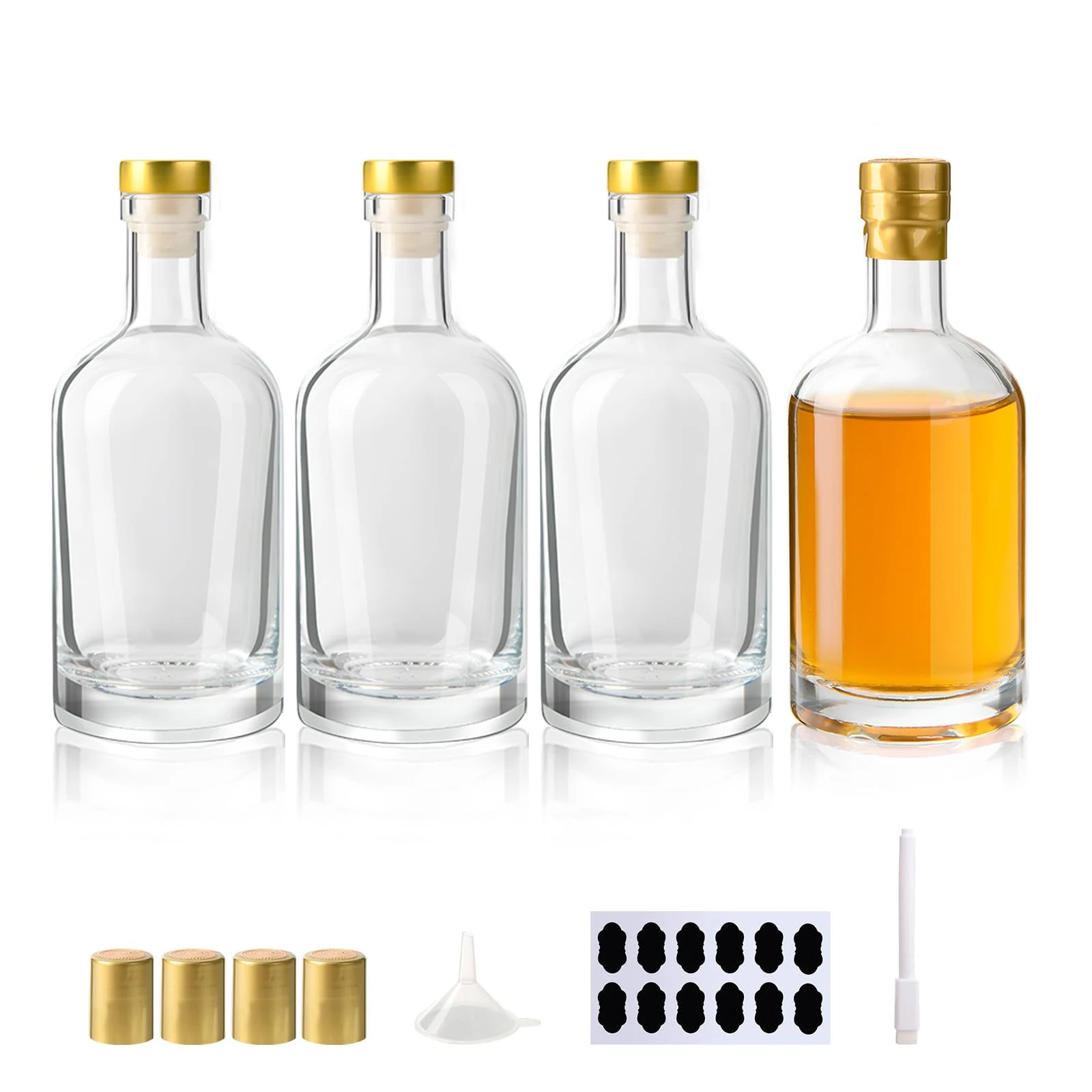 YBCPACK 12 oz /375ml Glass Liquor Bottles for Party Favors，4 Pack Empty Wine Bottles with T-Top Caps, Heat Shrink Capsules, Heavy Base Vodka Bottle for Alcohol, Oil, Vinegar