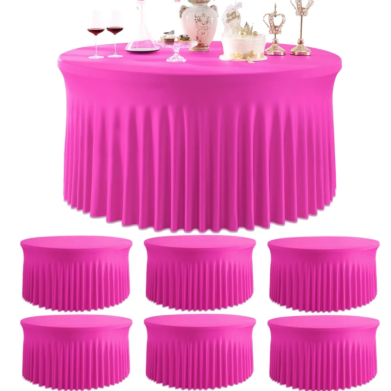 Htper 6 Pack Hot Pink Spandex Round Tablecloths for 60 inch Table, Stretchy 120inch Fitted 5FT Fuchsia Round Table Cloths, Wrinkle Free Table Cover with Skirt for Wedding Party Dining Banquet