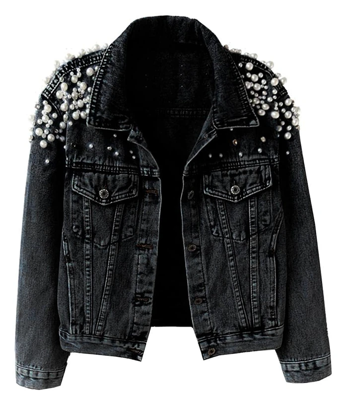 Kedera Women's Embroidered Rivet Pearl Short Denim Jacket Coat, Black_06, X-Large