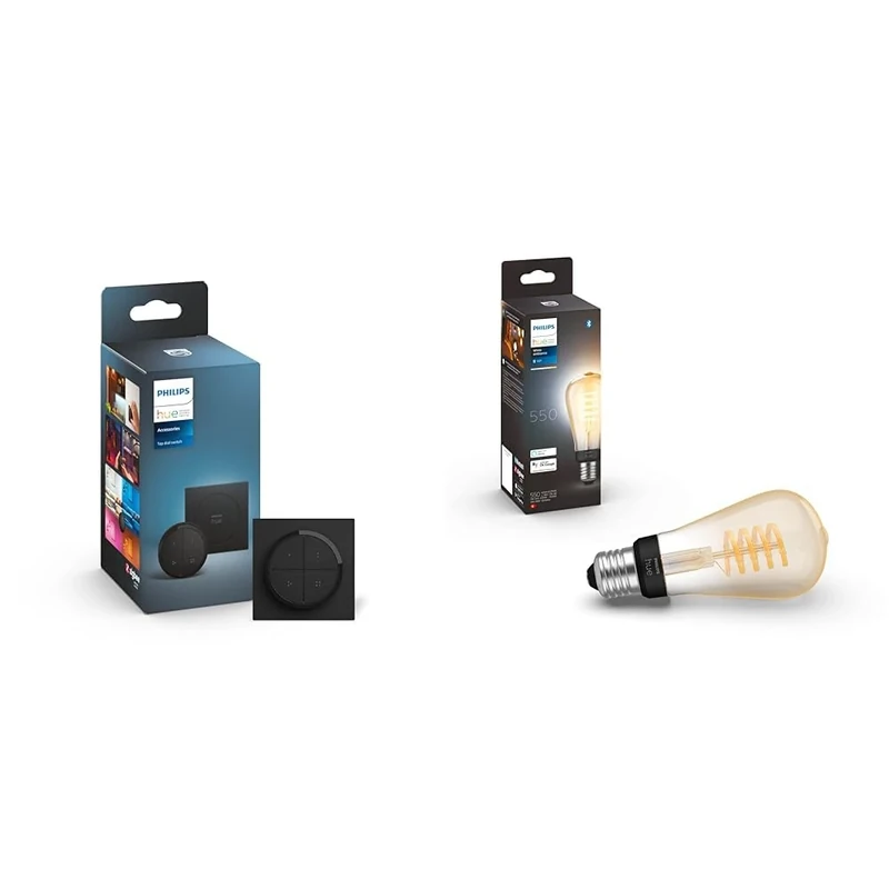 Philips Hue Tap Dial Switch [Black] Easy Smart Lighting Control. Indoor Home Lighting Automation & White Ambiance Filament ST64 Smart Light Bulb [E27 Edison Screw] With Bluetooth.