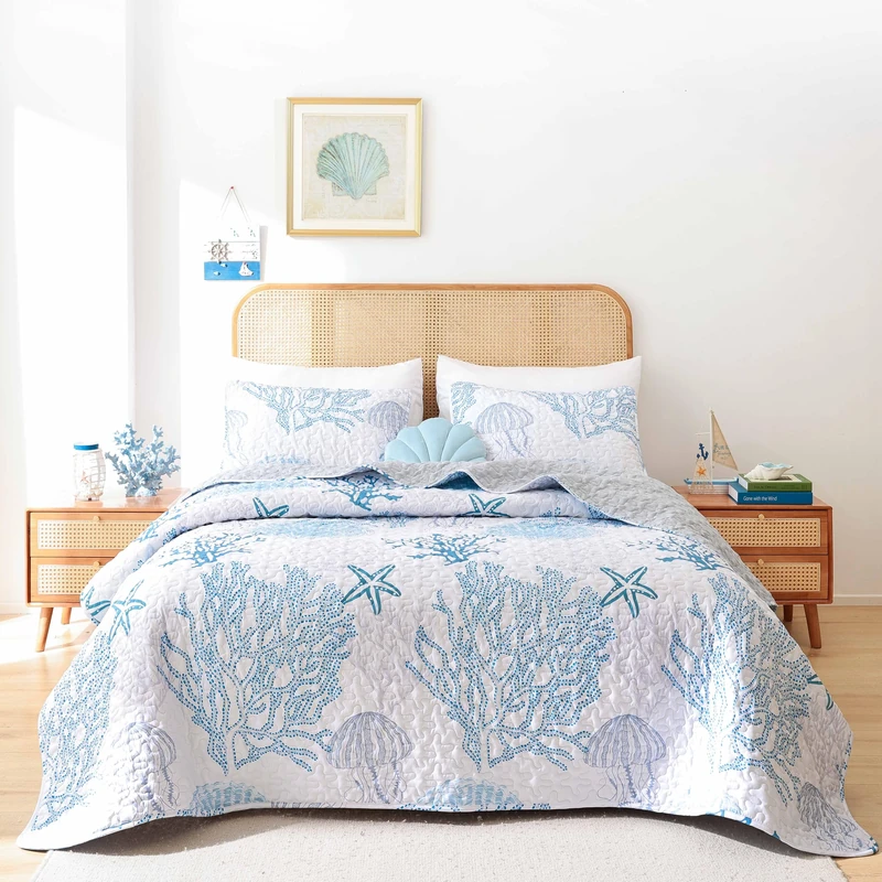 weigelia Coastal Quilts Bedding Set King Size - Blue Summer Nautical Bedding Quilt with Pillow Cases, Beach Reversible Quilt Set Bedspreads Coverlet Soft Lightweight Comforter