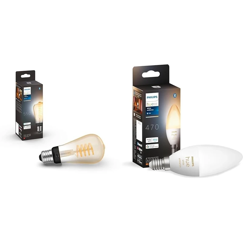 Philips Hue White Ambiance Filament ST64 Smart Light Bulb [E27 Edison Screw] with Bluetooth. & White Ambiance Smart Light Bulb [E14 Small Edison Screw] with Bluetooth.
