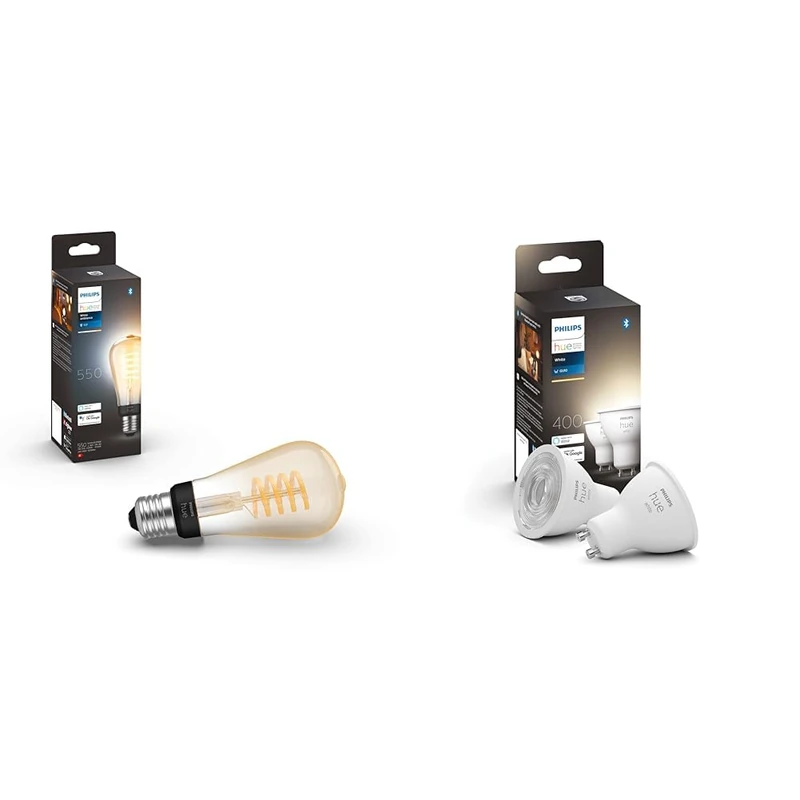 Philips Hue White Ambiance Filament ST64 Smart Light Bulb [E27 Edison Screw] with Bluetooth. & New White Smart LED Light Bulb 2 Pack [GU10 Spot] with Bluetooth Works with Alexa