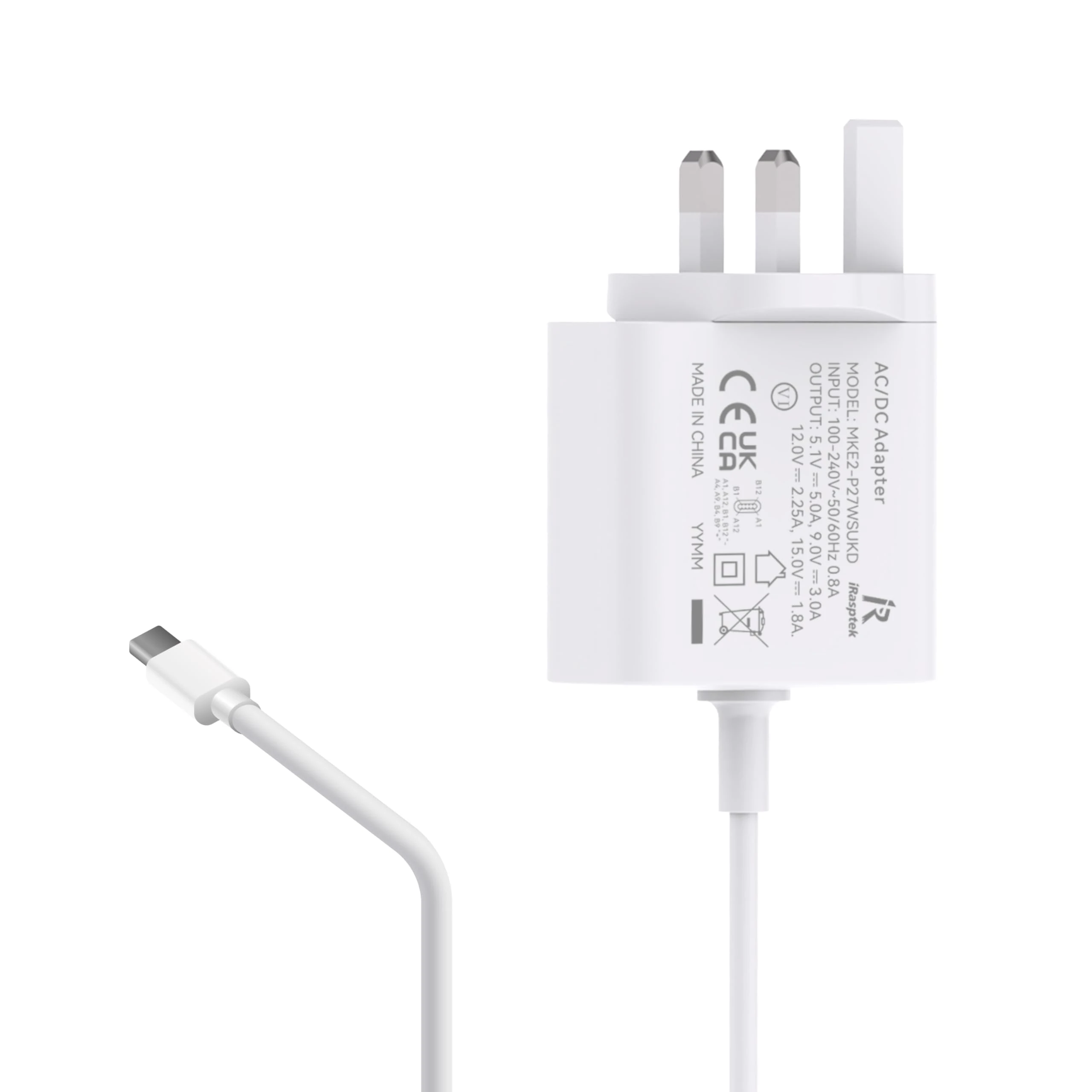 iRasptek Raspberry Pi 5 Power Supply UK Plug, 27W 5.1V/5A USB-C PD Power Adapter for Raspberry Pi 5 （White）