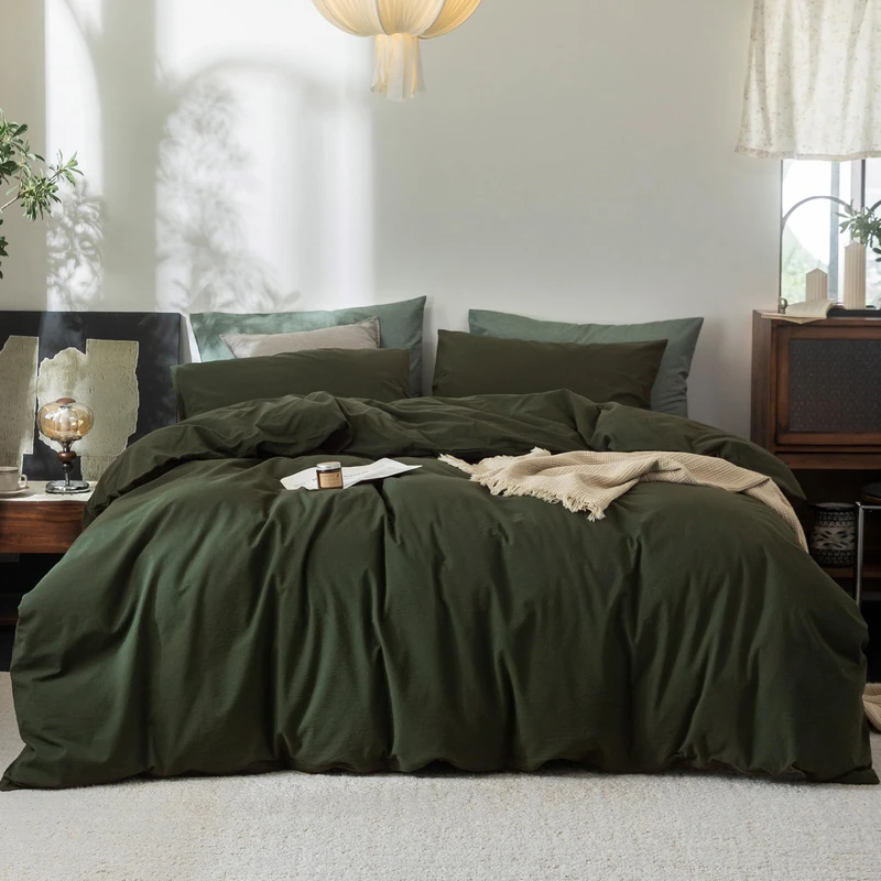 FOSSA Duvet Cover Set 100% Washed Cotton Linen Feel Super Soft Breathable Cozy 3 Pieces Bedding Sets Solid Olive Green Queen