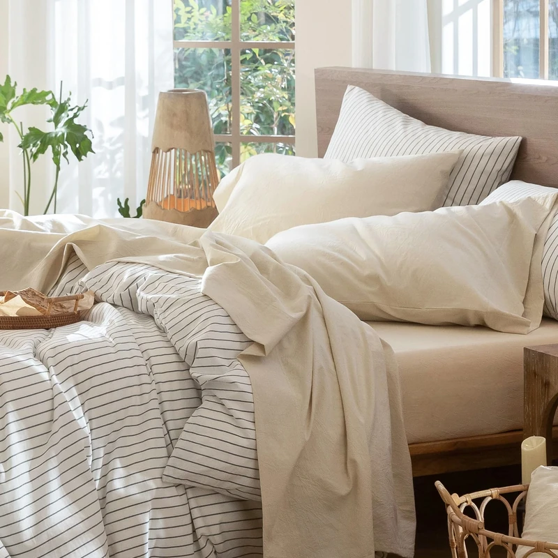 MOOMEE Bedding Sheet Set 100% Washed Cotton Linen Like Textured Breathable Durable Soft Comfy (Almond Milk Grey, King)