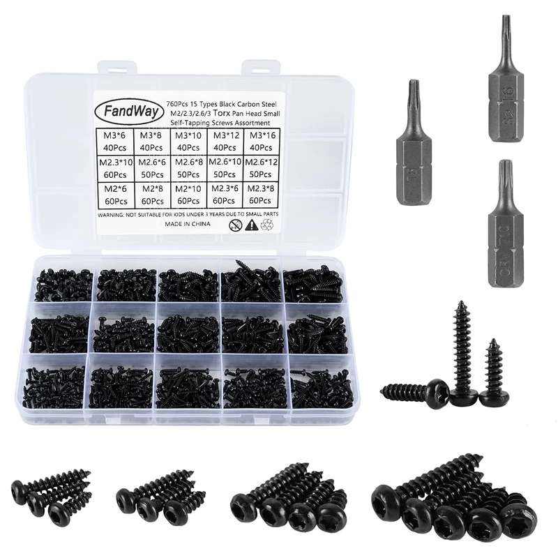 760Pcs Very Small Torx Self Tapping Screws,Tiny Micro Repair Screws Kit,Black Mini Torx Security Anti-Theft Screw M1.7 M2 M2.3 M2.6 M3 for Wood Watch Spectacles Laptop PC Electronic.