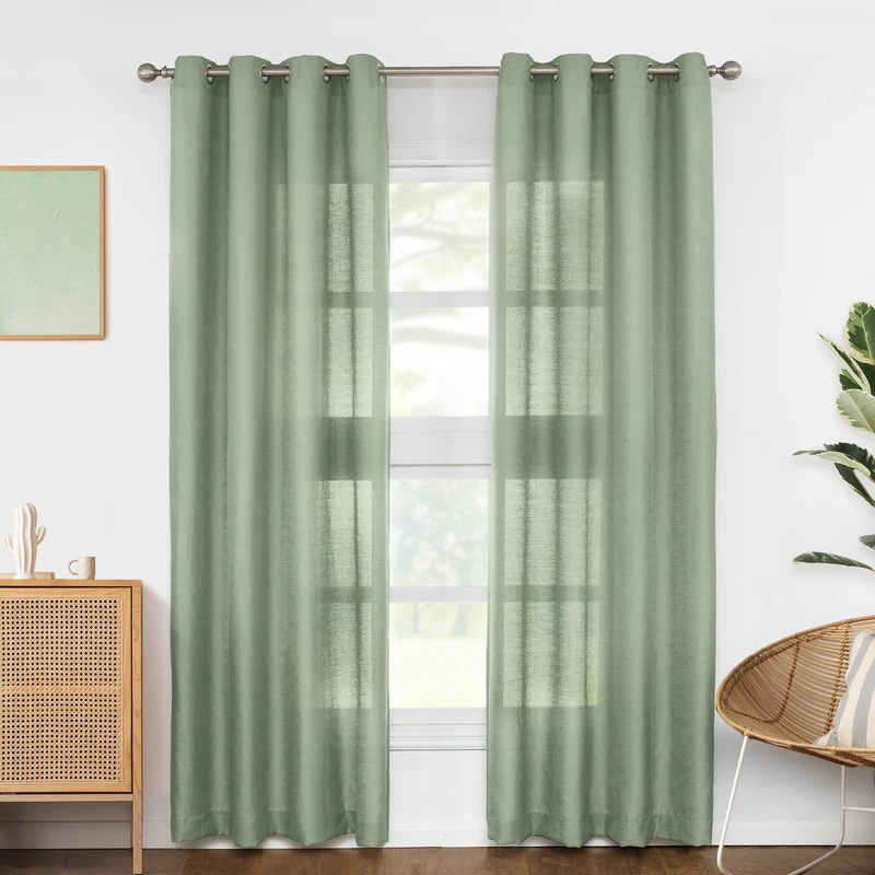 Melodieux Sage Green Semi Sheer Curtains 84 Inches Long for Living Room, Bedroom Linen Look Window Privacy Grommet Light Filtering Sheer Drapes, 52 by 84 Inch, 2 Panels