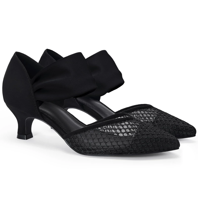 Coutgo Womens Low Kitten Heel Dress Shoes Pointed Toe Slip on Ankle Strap Cutout Elegant Party Wedding Pumps, Mesh Black, 9 UK