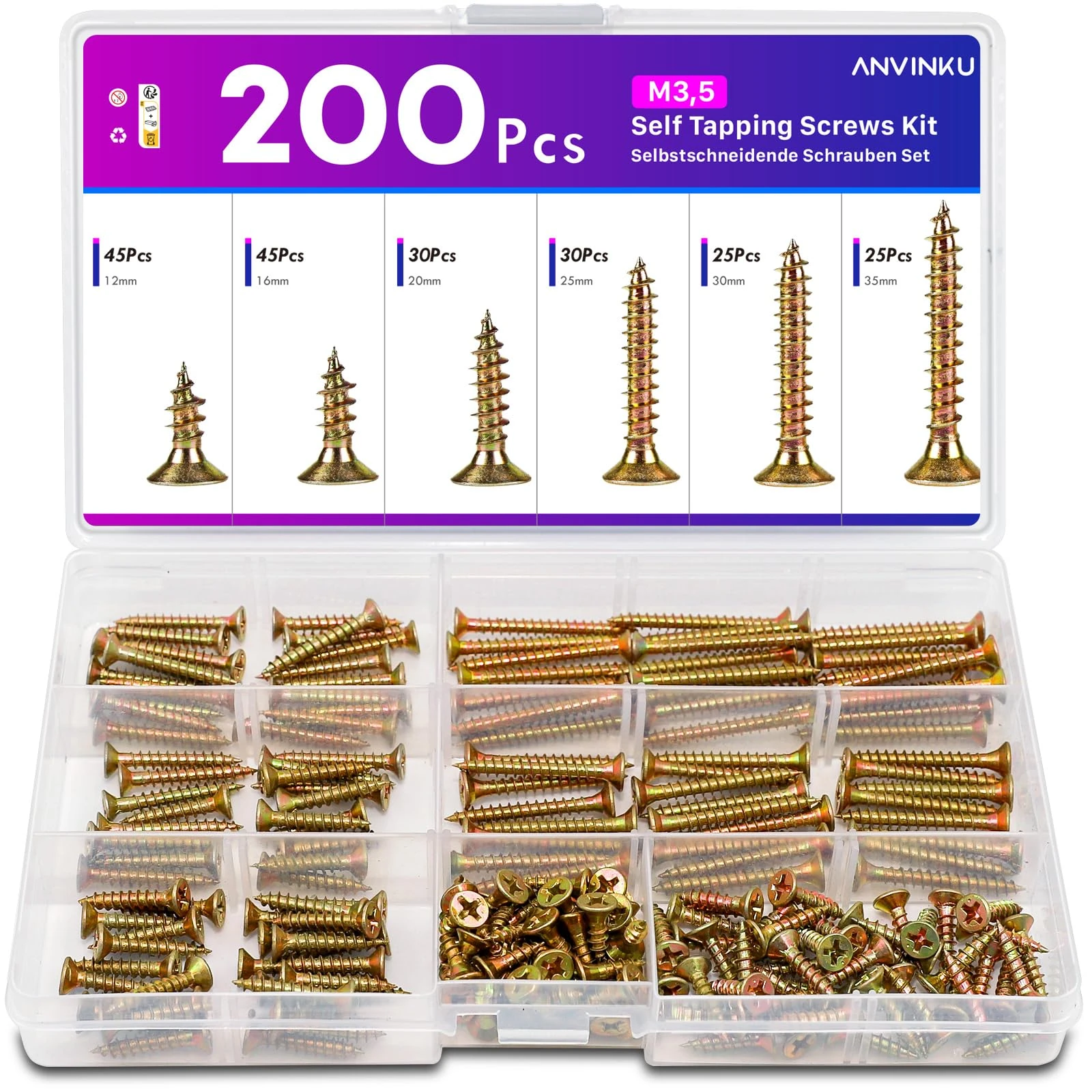 ANVINKU 200PCS Screws for Wood, M3.5 Wood Screws Assortment, Color Zinc Self Tapping Screw, Countersunk Screw Set for Furniture Repairs