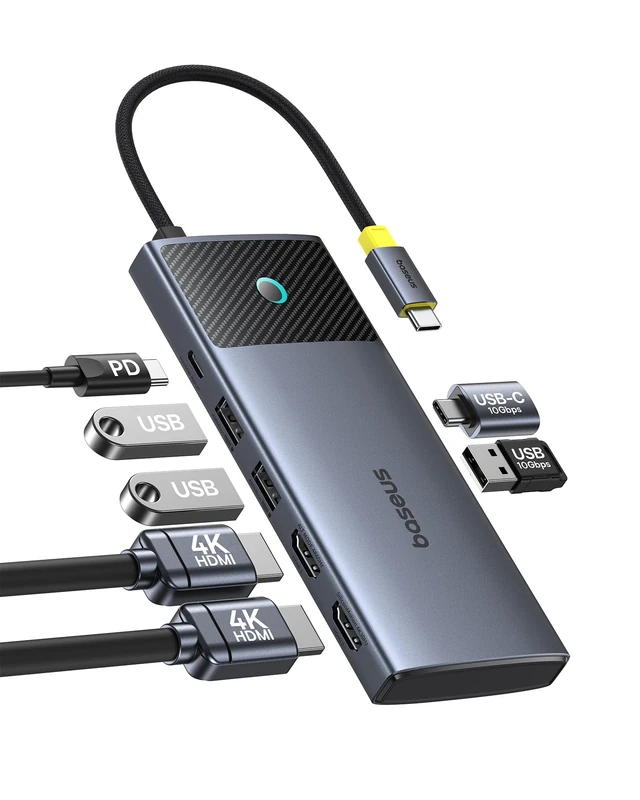 Baseus 7 in 1 USB C Hub Dual HDMI Adapter for MacOS with 2 HDMI, 10Gbps USB-A and USB-C, 2 USB-A 3.0, 100W PD, Docking Station for Laptop MacBook Pro Air M1 M2 M3