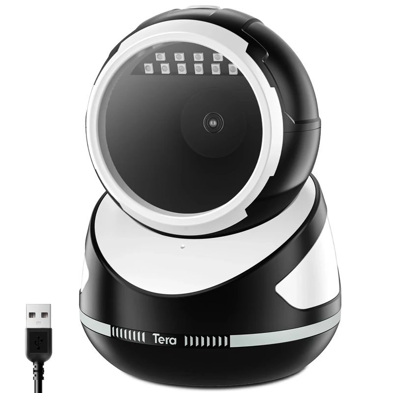 Tera Barcode Scanner Handsfree Omnidirectional: Pro Version Desktop 1D 2D QR USB Wired Adjustable Angle Plug and Play Bar Code Reader for POS Supermarket Retail Store Mobile Payment Model 9800 White