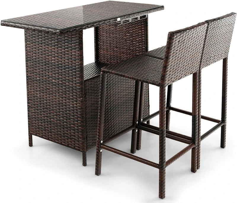 GiantexUK 3PCS Rattan Bar Table Set, Metal Frame Patio Bistro Set with Storage Shelves, 3 Goblet Racks, Glass Tabletop and Footrests, Outdoor Garden Furniture Set for Deck Poolside
