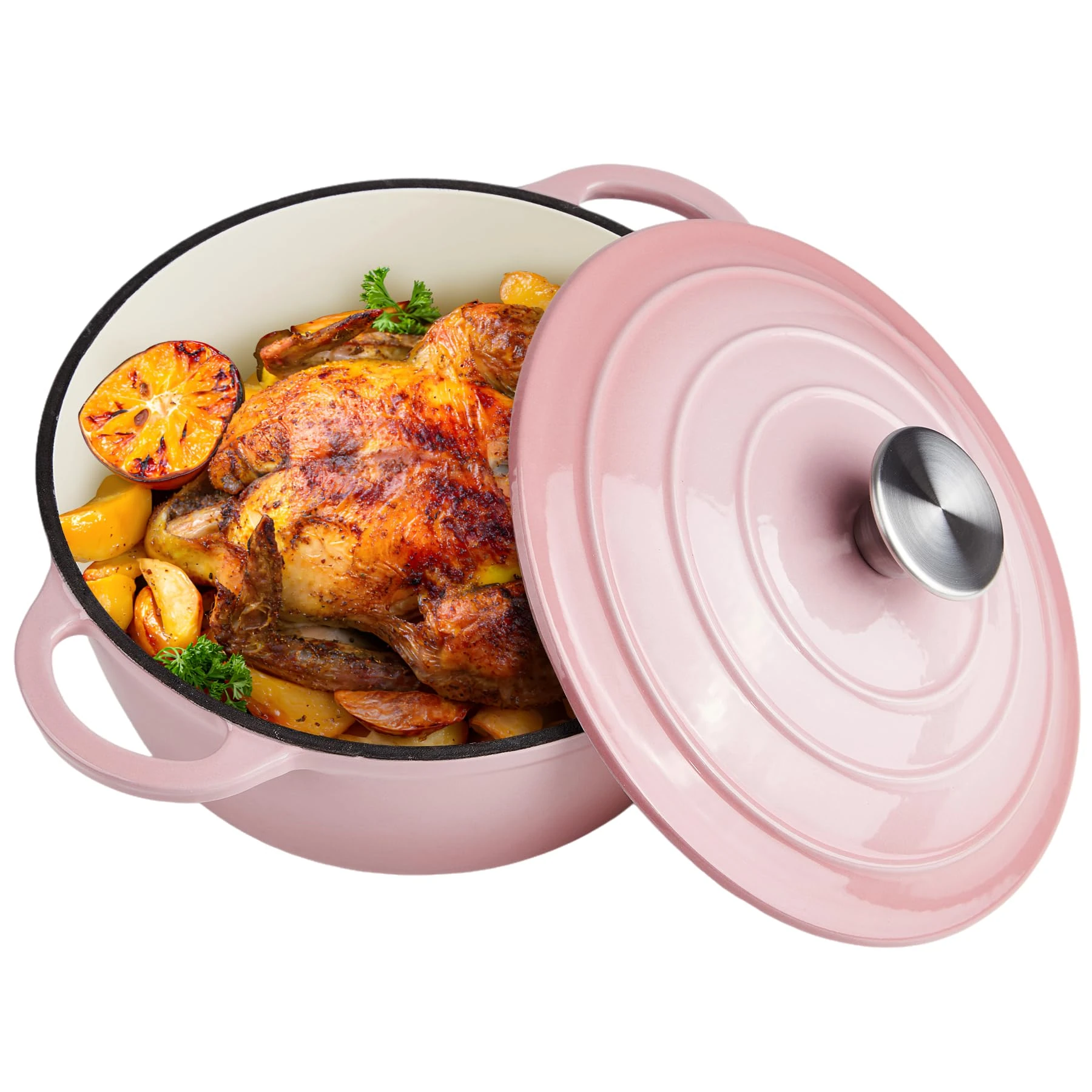6 Quart Dutch Oven Enameled Cast Iron with Lid - Big Dual Handles - Oven Safe up to 500°F - Classic Round Pot for Versatile Cooking (Pink, 6 QT)