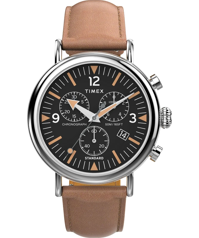 Timex Men's Waterbury Chronograph 41 mm Watch - Brown Leather Two-Piece Quick Release Strap Black Dial Silver-Tone Case TW2W84500