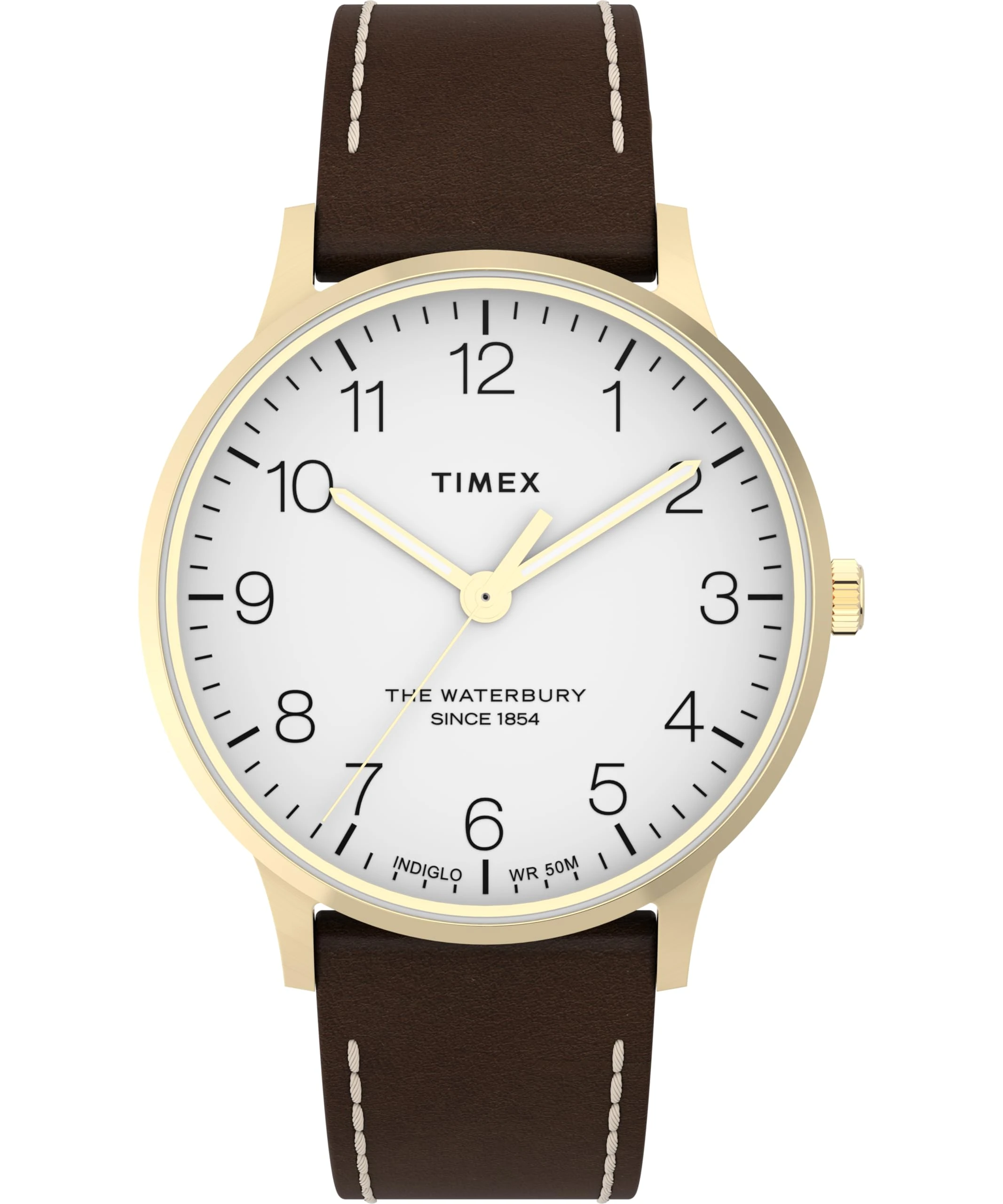Timex Men's Waterbury 40 mm Watch - Brown Leather Two-Piece Quick Release Strap White Dial Gold-Tone Case TW2W84400