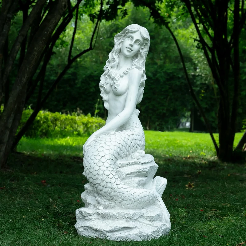 BEGORGEO 20" H Mermaid on Ocean Rock Garden Statue Resin Outdoor Sculpture Large Outside Decor for Lawn Patio Pool Home Ornament Large Mermaid Figurine Collectible Nautical Fairy Tale