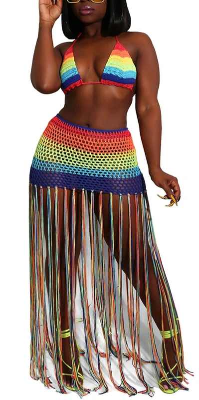 Womens Crochet Knitted Jamaica Bikini Skirt Set Colorful Coverup Dress Bikinis Swimwear Rasta Dress, 408 Floral, S