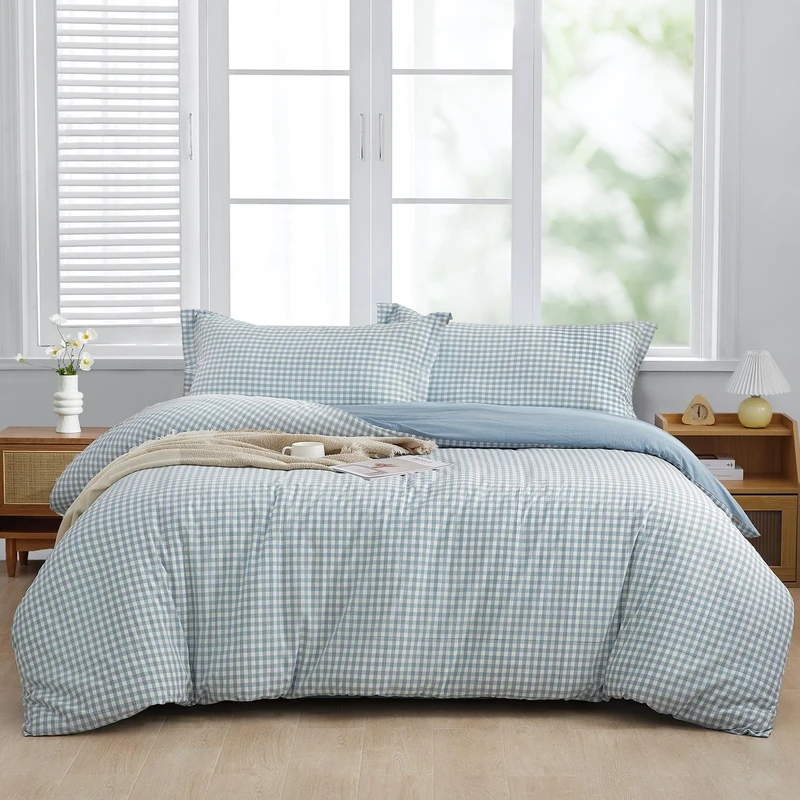 SAPHREAS Light Blue Plaid Duvet Cover Queen Size 3pcs 100% Washed Cotton Soft Comforter Cover Simple Style 1 Blue Grid Duvet Cover with Zipper Ties 2 Pillowshams