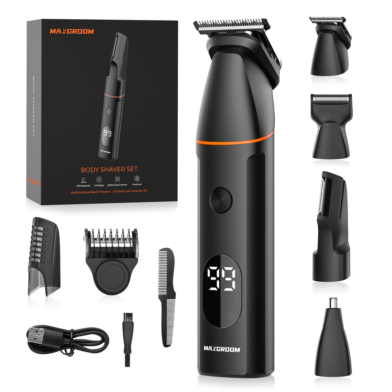 Body Hair Trimmer Men, MAXGROOM 4 in 1 Electric Body Groomer Beard Trimmer Men with Nose Hair Trimmer, Rechargeable Manscape Electric Razor, Private Parts, Beard, Back, Pubic (Black)