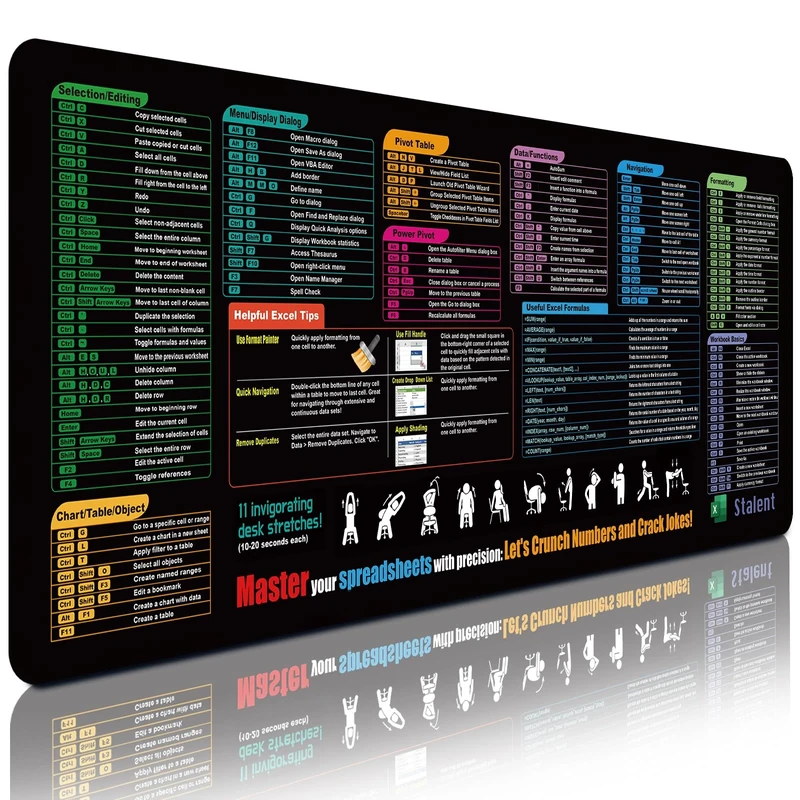 Zoolyx XL Excel Cheat Sheet Desk Mat - 80x30cm Non-Slip Mouse Pad