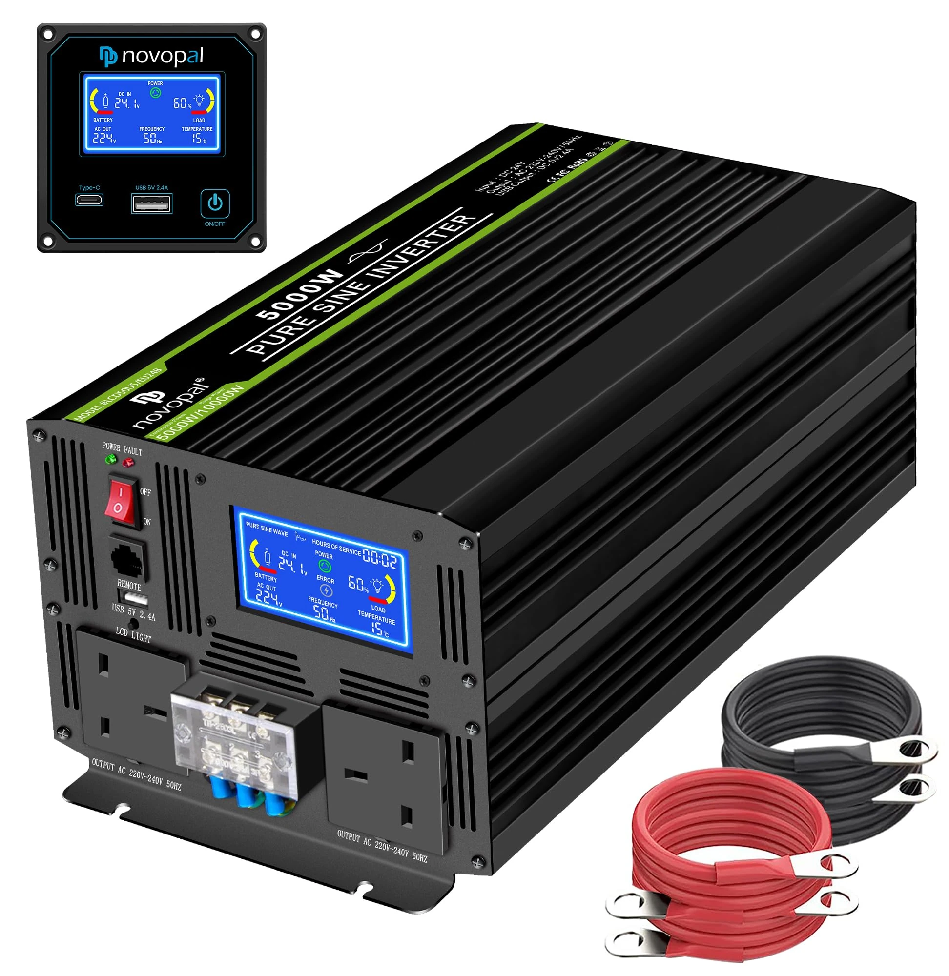 Novopal 5000 Watt Pure Sine Wave Inverter 24V to 240V Car Converter Power Inverter with Lcd Display,2AC Outlets,1 Usb Port,Remote Control for Motorhomes,Truck,Boat,Camping,Household,Van