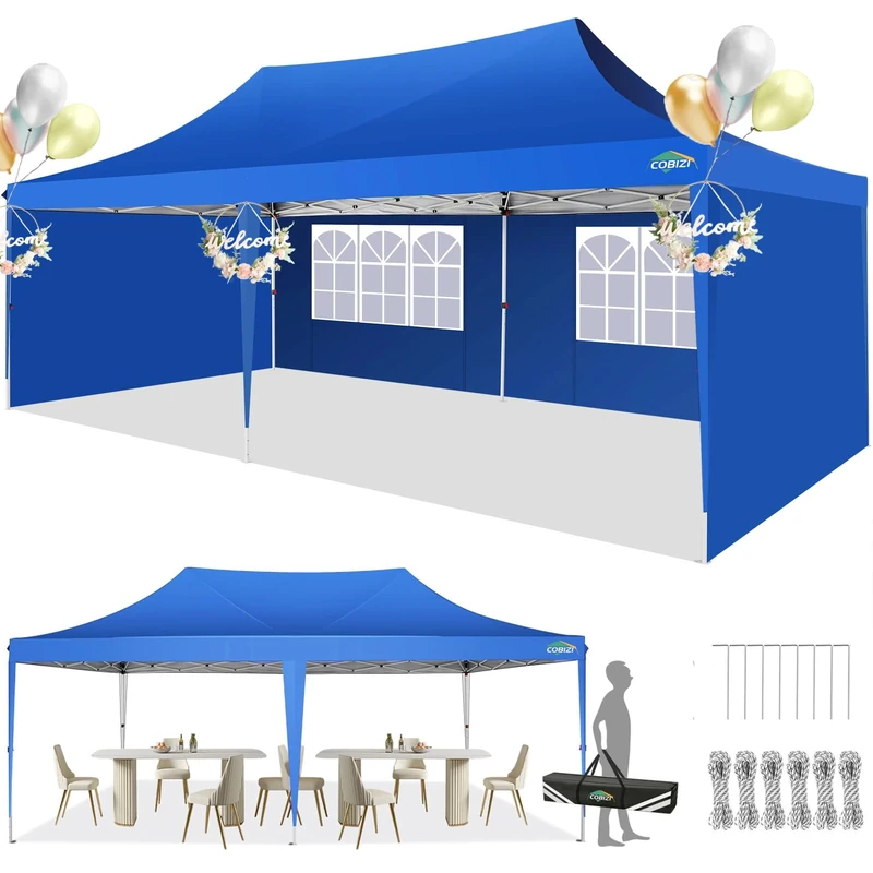 COBIZI Pop Up Gazebo, 3x6m Gazebo with 4 Removable Sidewalls, 3 Adjustable Height Waterproof, UV-Resistant with Carry Bag, 4 Stakes, 4 Ropes for Weddings, Parties, Picnics and Commercial(Blue)