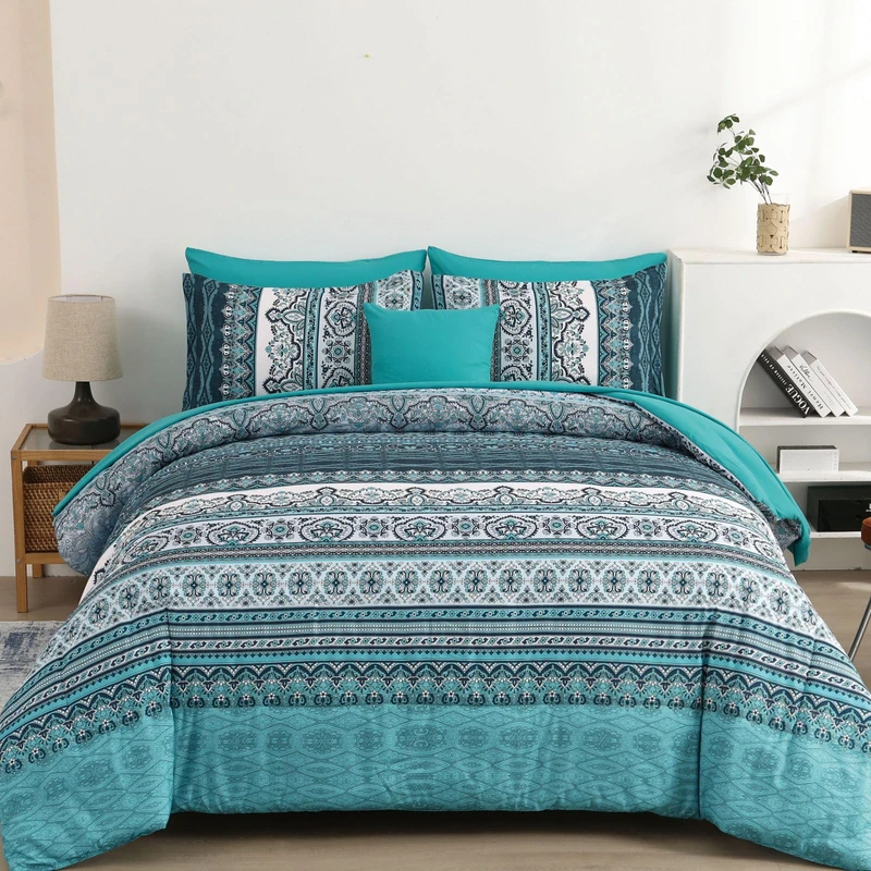 Cottolester Boho Queen Comforter Set 8 Pieces, Teal Comforter Bohemian Striped Bed in A Bag,Soft Microfiber Bedding Set for All Seasons